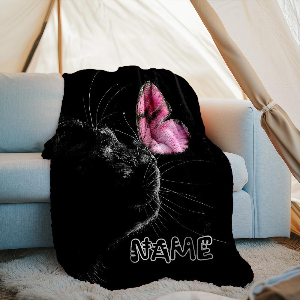 Black Cat And Butterfly Customize Your Name Outdoor Blanket Comfortable Soft Lightweight Perfect For Travel Camping Picnics Sofa Office Bed Living