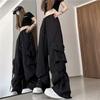 Women's Retro High-Waist Wide-Leg Overalls with 3D Pockets and Ribbon Detail