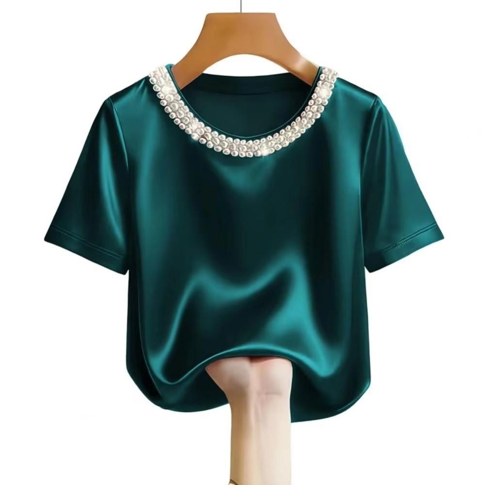 Elegantes Perlenkragen-T-Shirt Locker Damenoberteile Business Casual Satin-Seiden-T-Shirt Bürokleid