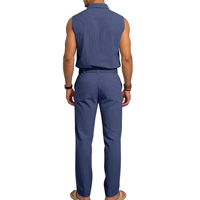 Men's European Summer Linen Sleeveless Shirt & Long Pants Set - Breathable & Trendy Two-Piece