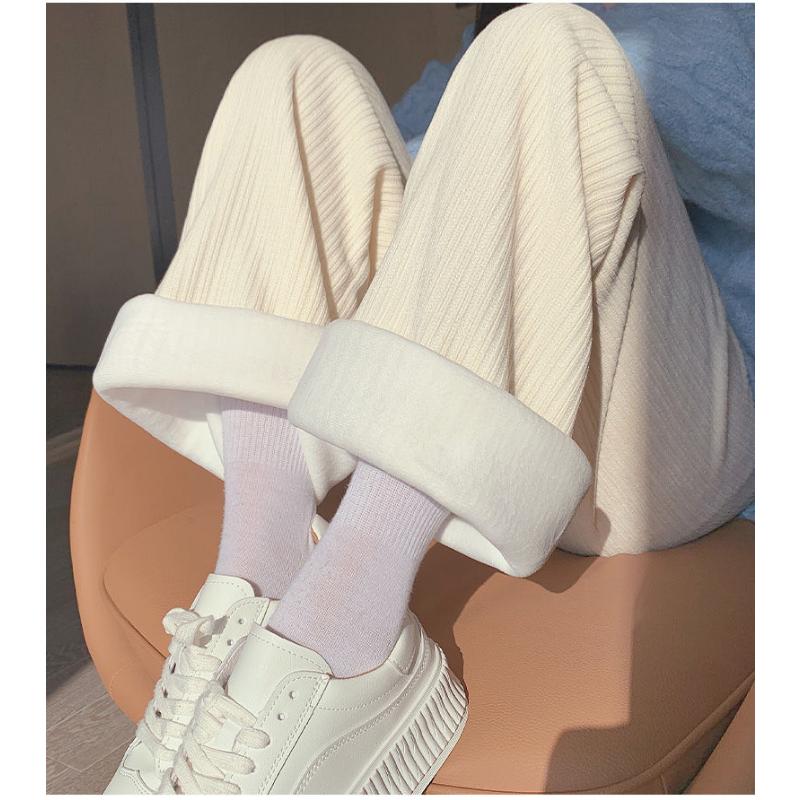 Pantalones Acolchados Gruesos de Pierna Ancha para Mujer Otoño e Invierno Talla Grande Pantalones Sueltos de Cintura Alta Casuales de Pana Rectos para Mujer