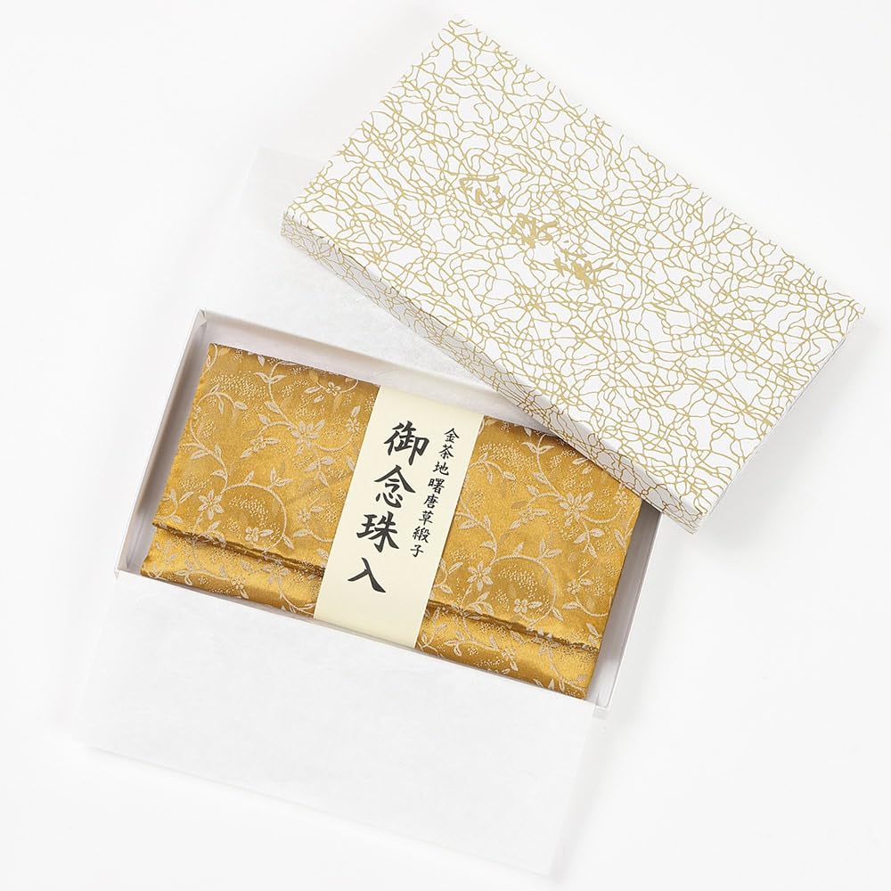 Buddhist prayer bead pouch, bifold, unisex, Kyoto damask, paper box, gift, made in Japan, small chrysanthemum and Chinese flower pattern, gold,