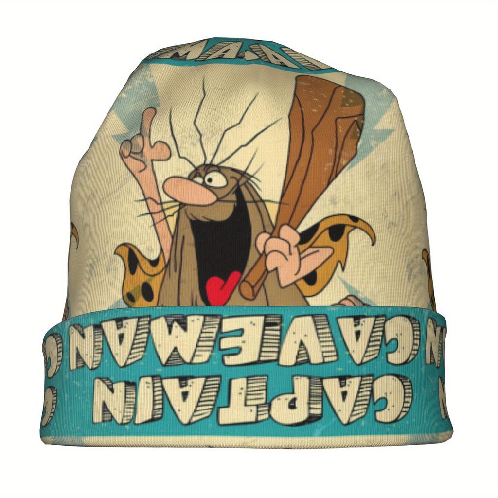 Biihudu Men'S Caveman Beanie Hat - Funny Captain Caveman Retro Comic Design, Beige/Teal/Blue Vintage Style Winter Skull Cap For