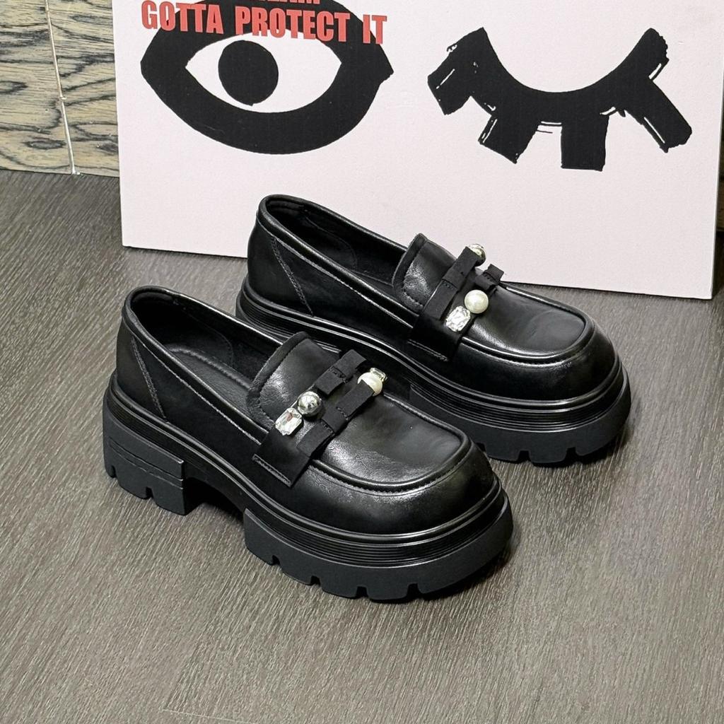 Black British style platform thick high-heeled small leather shoes women's 2025 new autumn retro versatile heightened loafers shoes