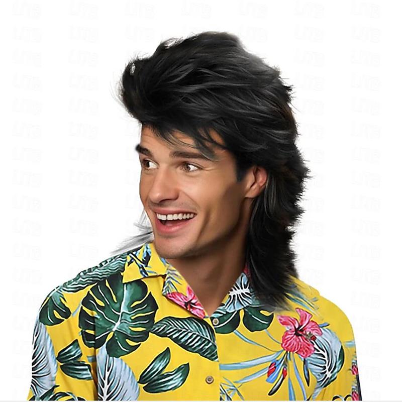 HAIRJOY Synthetisch Haar Mullet Pruiken voor Mannen 70s & 80s Kostuumfeest Synthetische Pruiken 12inches black