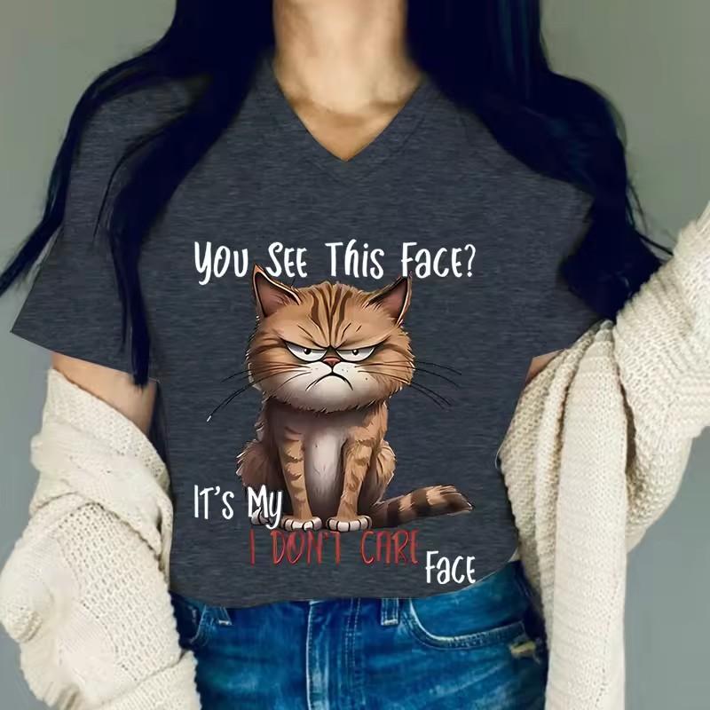 3D Printed Women's Clothing Angry Cat Printed T-shirt IT'S My I DON'T CARE FACE Funny T Shirts V-neck Graphic Shirts and Blouses Cat Lover