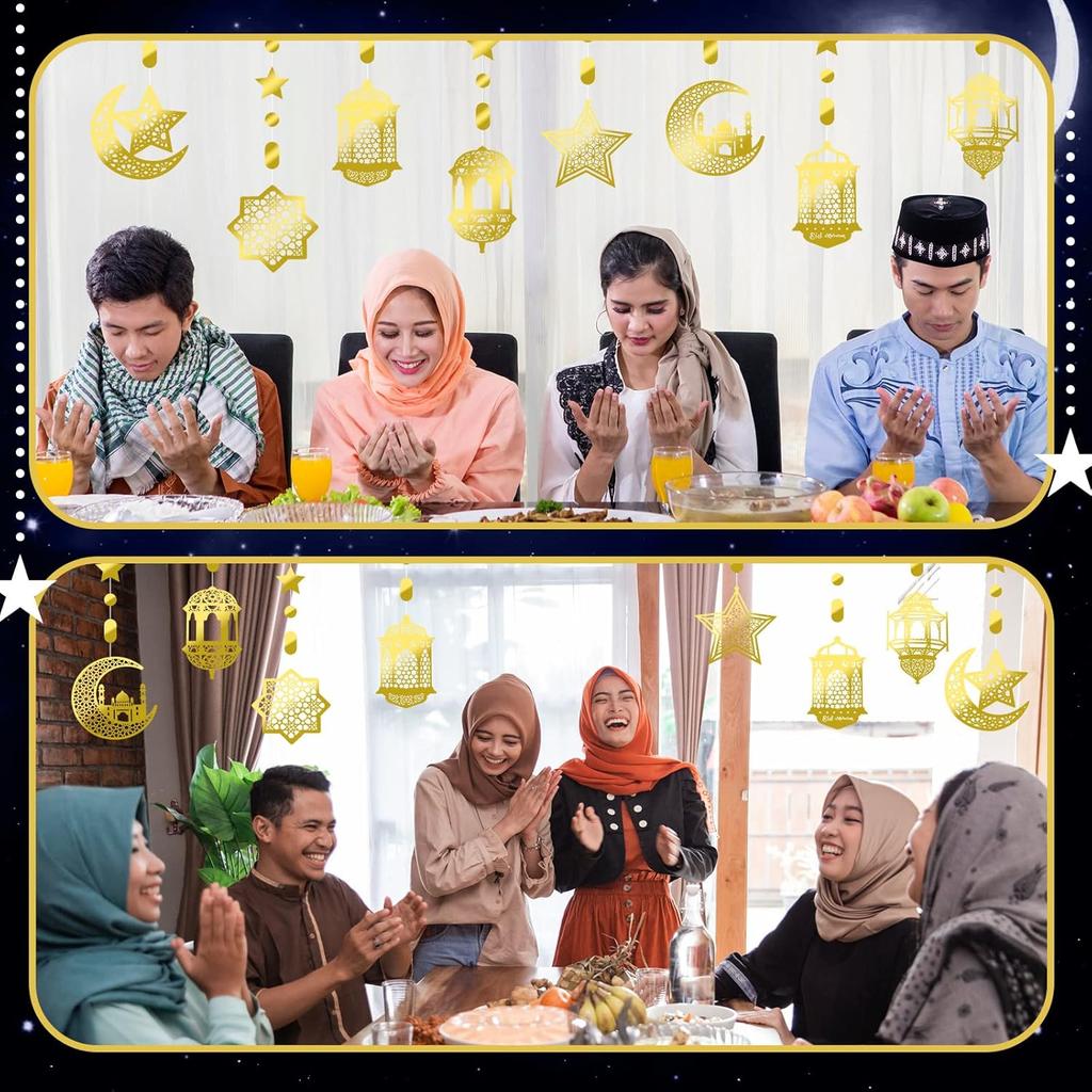 Zonon 24 Pcs Islamic Star Moon Lantern Ramadan Garland Eid Decoration Streamer Ramadan Mubarak Party Banner Backdrop Shining Hanging Wall Decorations