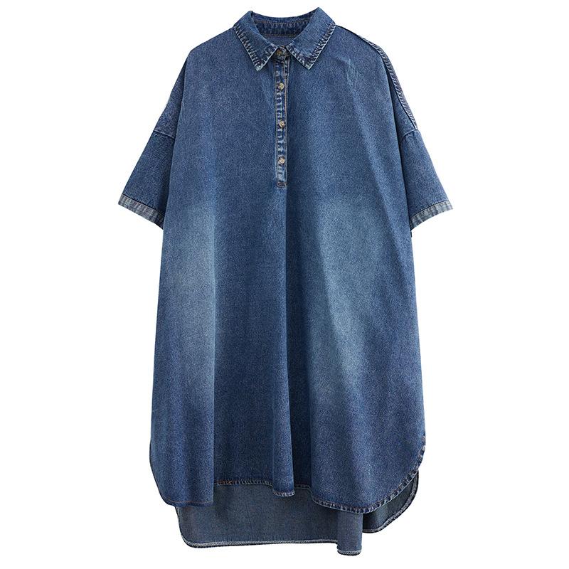 Women's Spring and Autumn Large Size Pullover Denim Shirt Standing Collar Casual Cowboy Pullover Denim Short Sleeve