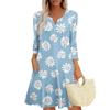 Rochie de vară pentru femei, rochie de vară cu mânecă trei sferturi și guler în V, rochie de vară cu buzunare