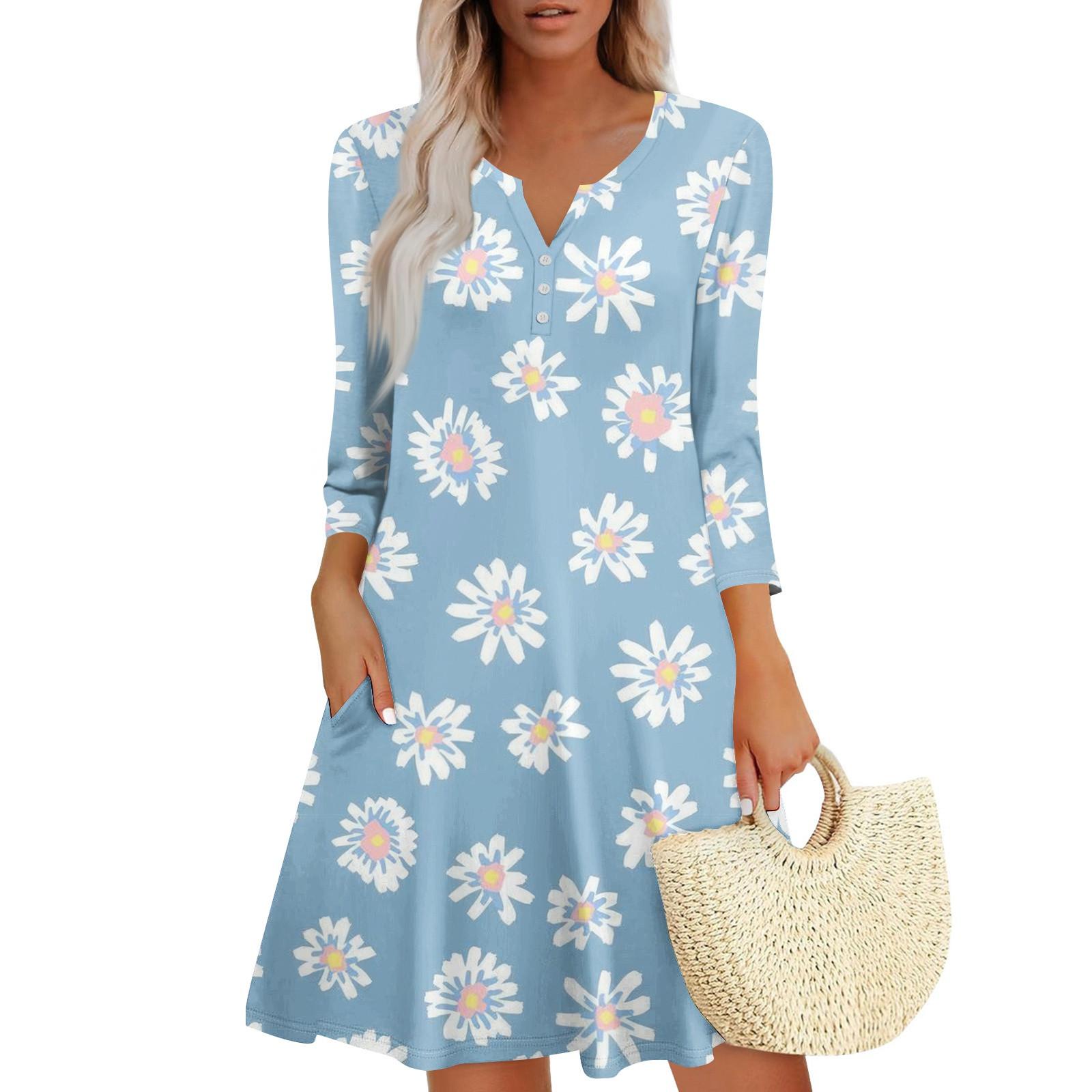 

Women s Summer Dress Loose V Neck Three-quarter Sleeve Sundress With Pockets Dress XL винный