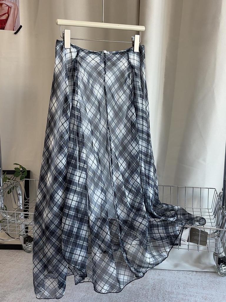 Plaid Asymmetrical Draped Chiffon Midi Skirt with Irregular Hem