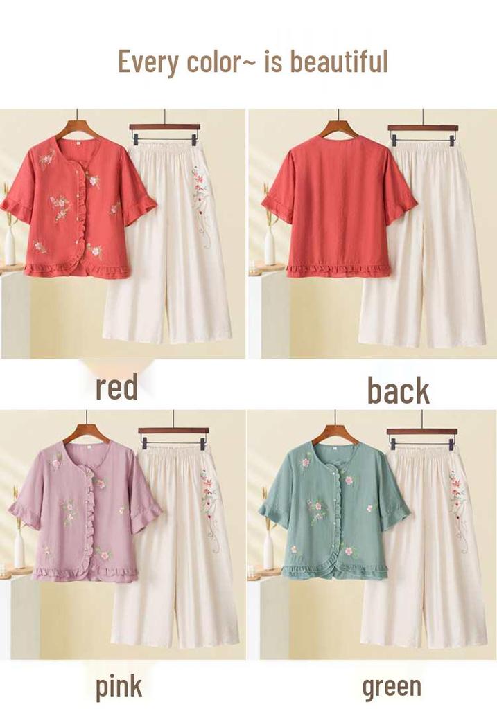 Mom's Chinese-Style Summer Set: Short Sleeve Embroidered Top for Middle-Aged & Elderly Women