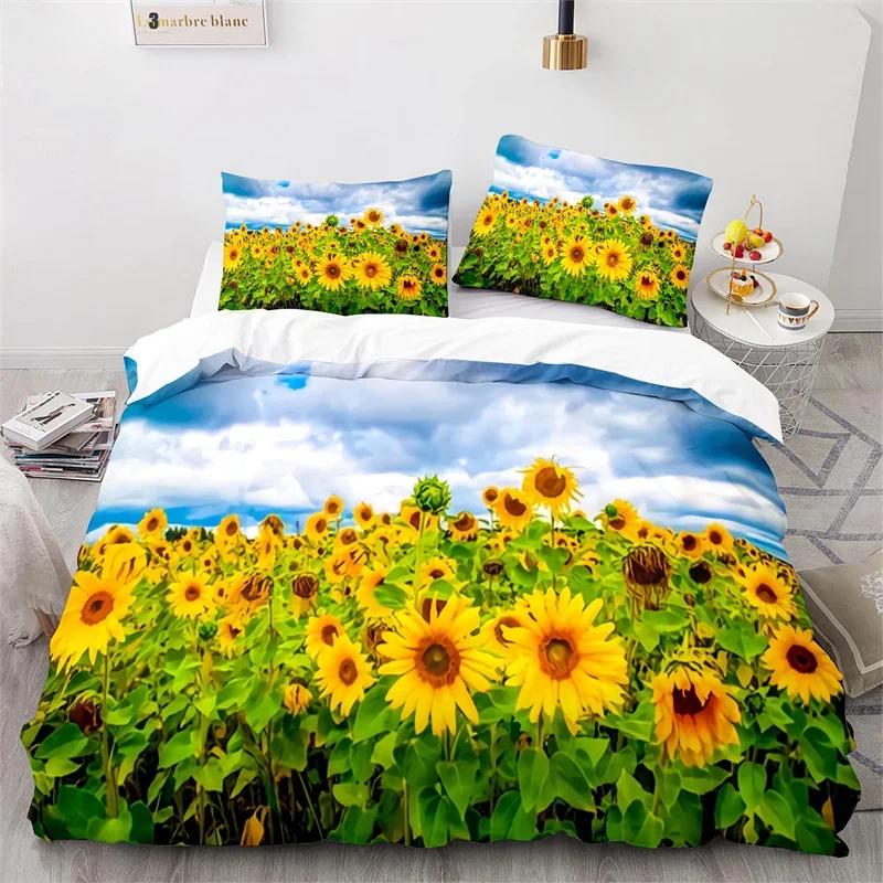 Sunflower Duvet Cover Botanical Floral Comforter Cover King Queen Twin for Kids Girls Room Microfiber Yellow Flowers Bedding Set