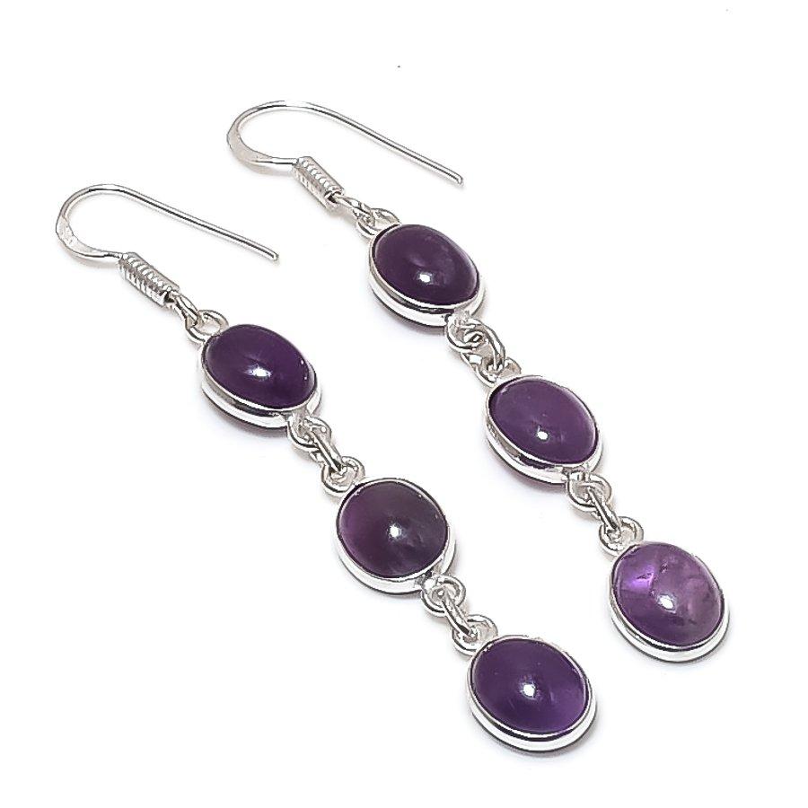 Natural Sage Amethyst Gemstone Handmade 925 Sterling Silver Earring 2.60" m4n67