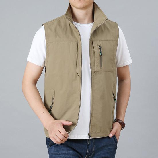 Colete Masculino Gola Alta Sem Mangas Fechamento com Zíper Cor Sólida Casaco Colete com Bolsos Colete de Pesca para Exterior