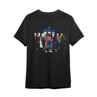 Pánské tričko inspirované Doktory s grafikou 9. a 15. Doktora a TARDIS, neformální černé bavlněné tričko s krátkým rukávem