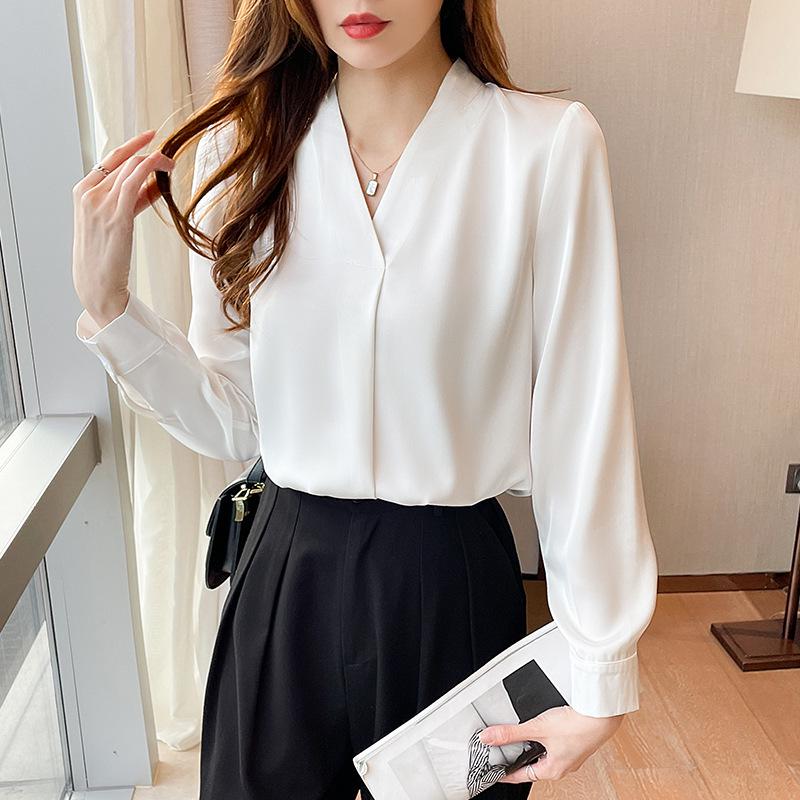 

2025 Women s Satin V-Neck Long Sleeve White Shirt - Chic and Professional Design Large