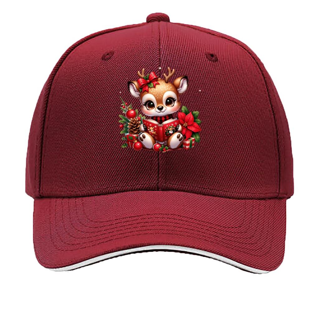 Cute Christmas Reindeer Reading Book Holly Poinsettia Gift Sandwich Baseball Cap Unisex Women Sun Cap Outdoor Workouts Hat