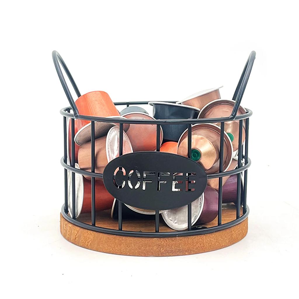 Coffee Pod Basket Round Iron Wire Storage Basket Large Capacity Coffee Capsule Holder with Wooden Base for Home Office