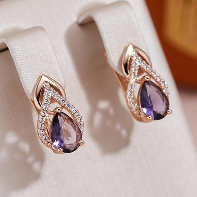 Purple Zircon Earrings for Women Classic Drop Shape Gold Plated Geometric Jewelry