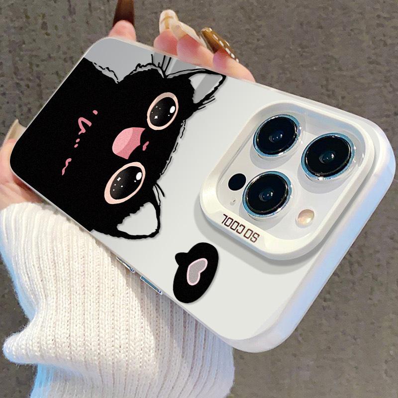 Adorable Black Cat iPhone Case - Compatible with iPhone 13/14Pro/15Pro Max/16 Pro/17, Silver Color
