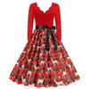 European and American Retro Autumn Burning Flowers V-neck Slim fit A Word Snowflake Elk Christmas Mid-Length Long sleeve dress Formal Dress
