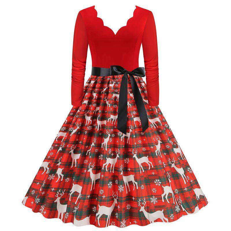 European and American Retro Autumn Burning Flowers V-neck Slim Fit A Word Snowflake Elk Christmas Mid-Length Long Sleeve Dress Formal Dress