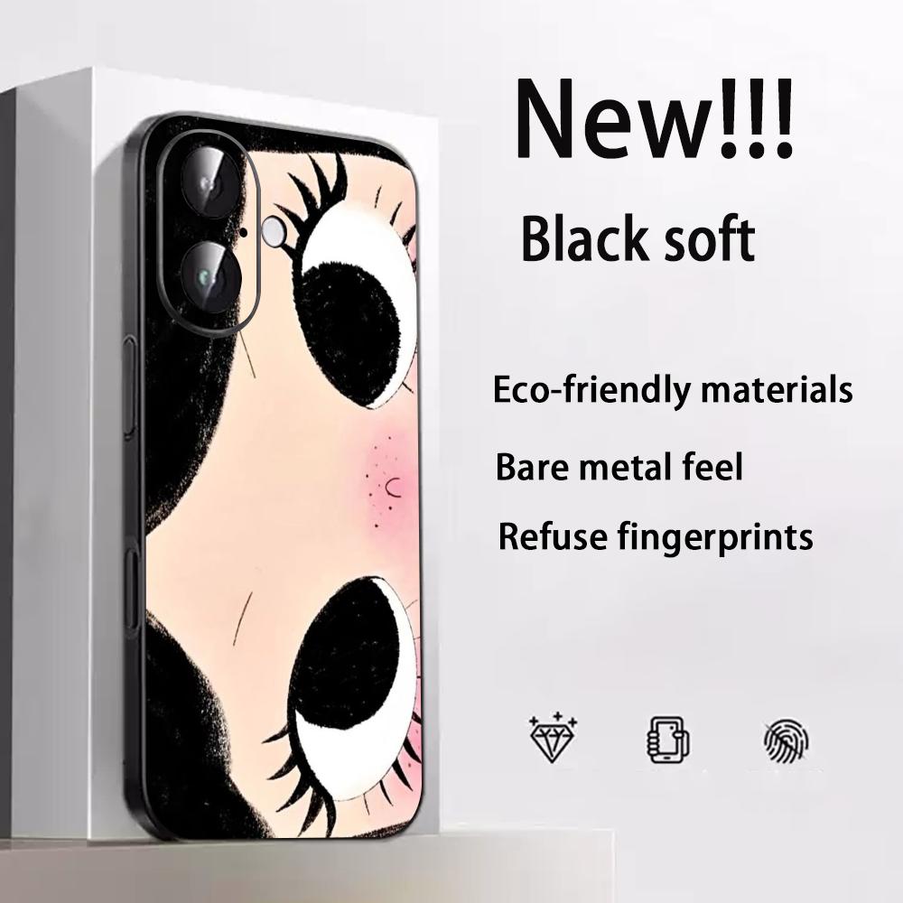 Big-eyed Cute Girl Cartoon Design Phone Case For iPhone 17 16 E 15 14 13 12 Plus Mini Pro Max Soft Black Shockproof Cover
