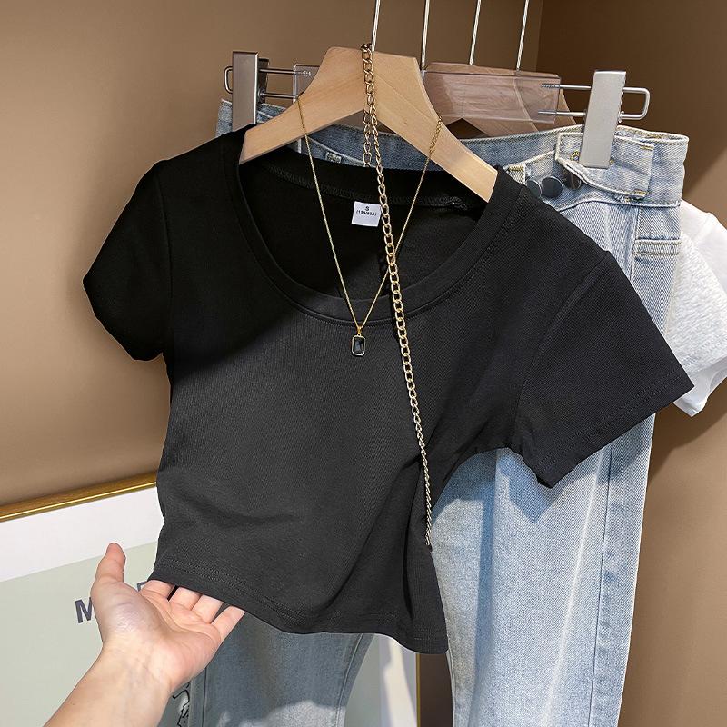 

Женская облегающая футболка с коротким рукавом и U-образным вырезом, открывающая ключицы - новинка лета 2024 г. Large чёрный