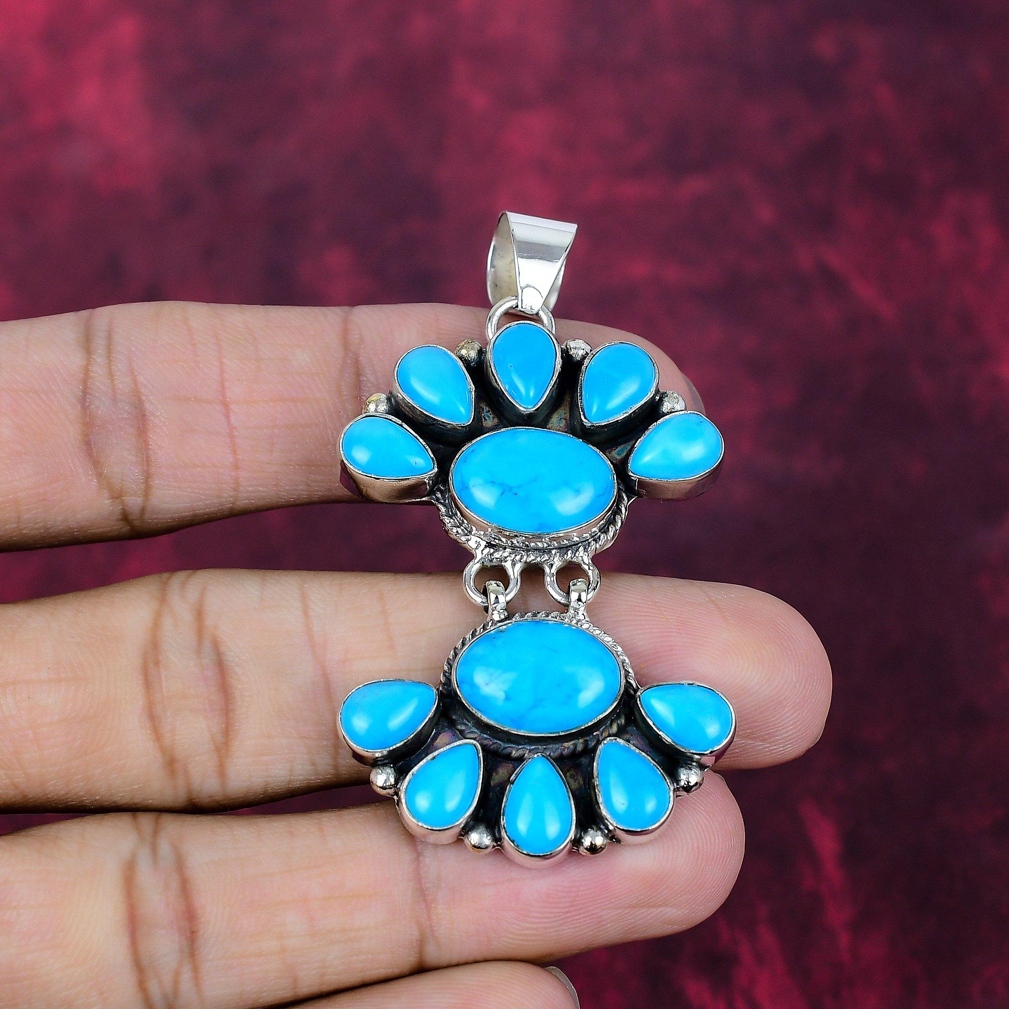 

Sleeping Beauty Turquoise Handmade Gemstone Pendant, 925 Solid Sterling Silver Pendant Antique Jewelry, For Engagement Gift 2.44 Inches синий