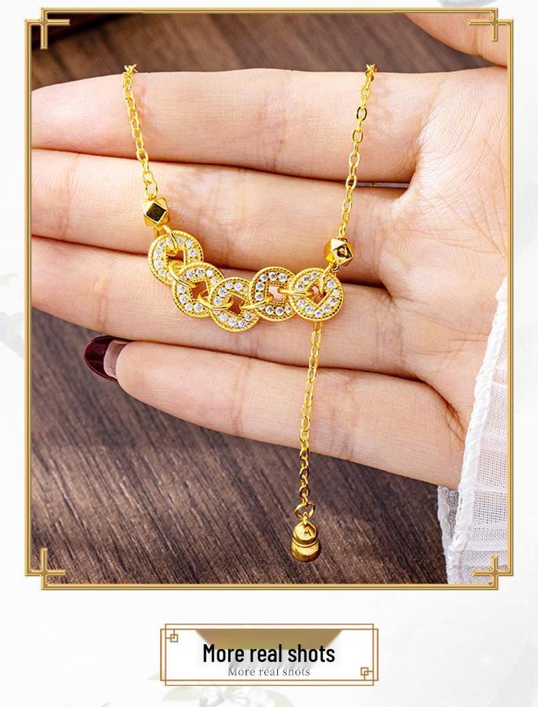 Ancient Five Emperor Coin Necklace & Diamond-Set Copper Earrings - Trendy, Long-Lasting Jewelry for Women