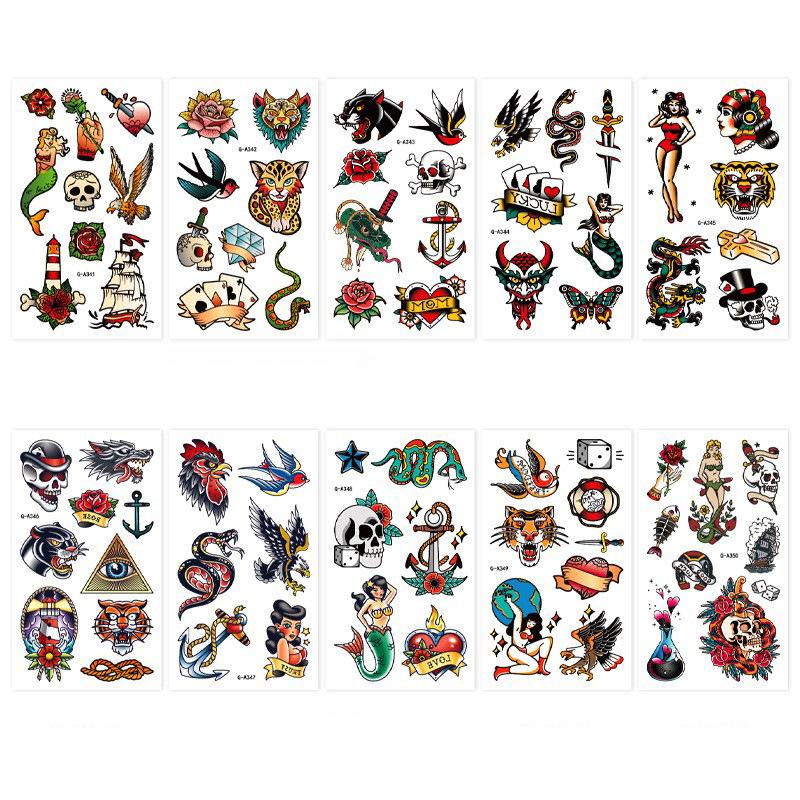 10 Fogli Tatuaggi Temporanei Retrò Tatuaggi Colorati Classici Old School Adesivi Fiori Serpente Uomo Donna Adulti Body Art