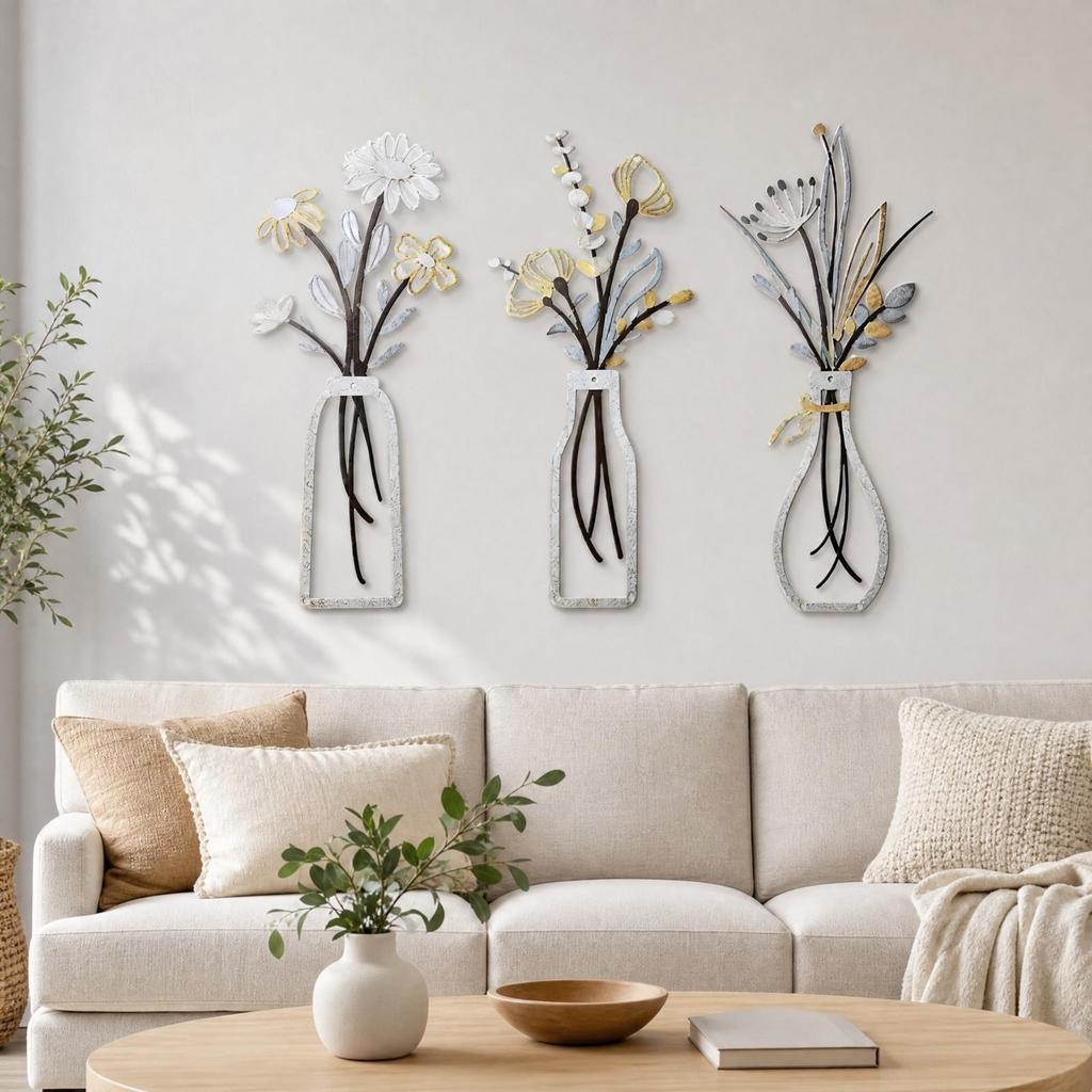 Botanical Metal Wall Decorations Layered Art with Vase Shaped