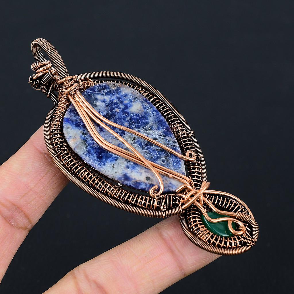 Natural Sodalite,Green Onyx Gemstone Handmade Copper Wire Wrap Pendant 3.74 D6s89