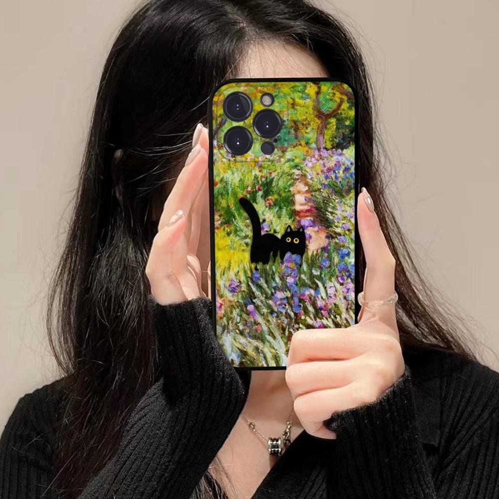 

Cartoon Animal Black Cat Oil Painting Phone Case For iPhone 15 14 11 12 13 Mini Pro XS Max Cover 6 7 8 Plus X XR SE 2020 Funda iPhone 15 plus