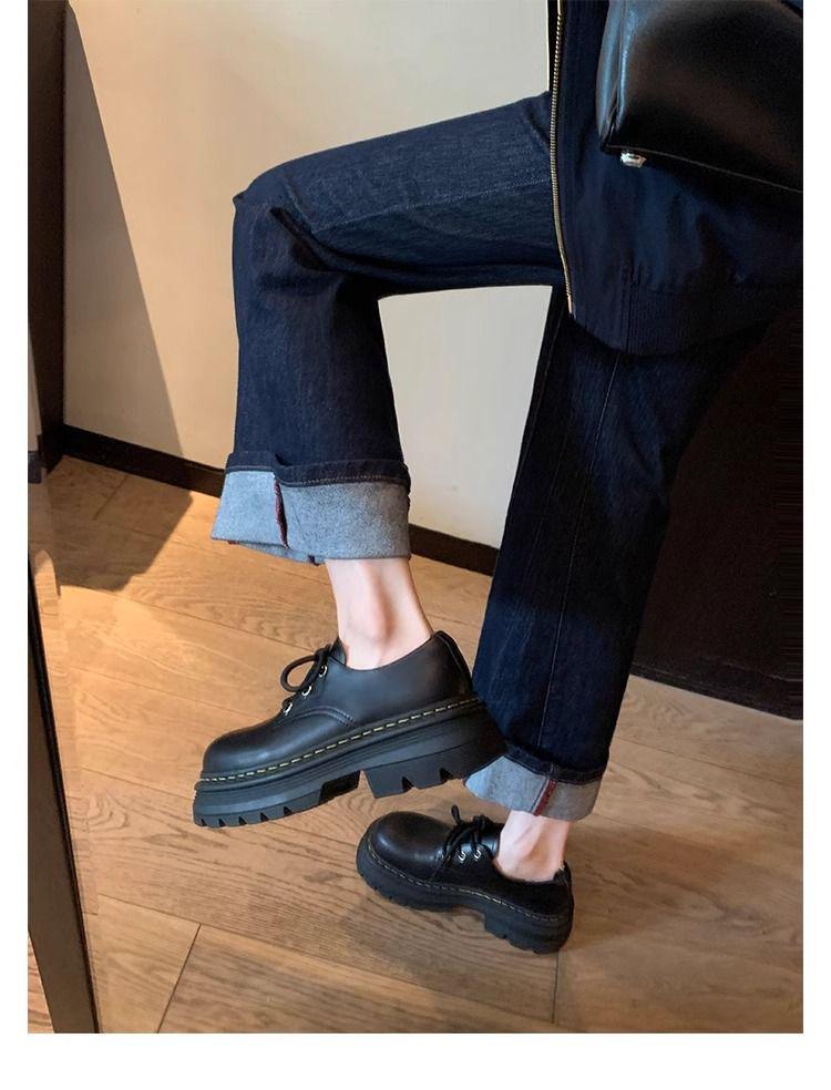Dámské Oxfords na platformě z měkké kůže – Podzim/Zima 2025 Britský styl Boty na šněrování zvyšující výšku.