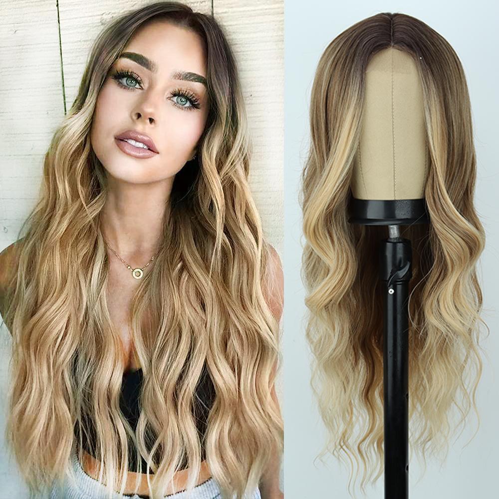 MISS WIG Long Black Wavy Wig for Women Middle Part Curly Wavy Wig Natural Looking Synthetic Heat Resistant Fiber Wig for Daily Party Use