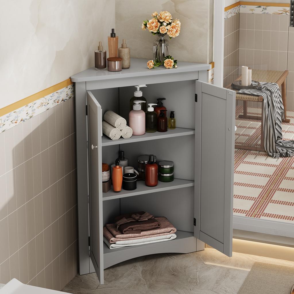 Grey Corner Cabinet for Bathroom – Freestanding 2-Door Triangular Cabinet with 3 Levels, High-Quality MDF Board with Lacquered Surface (61.5 X 80 Cm)