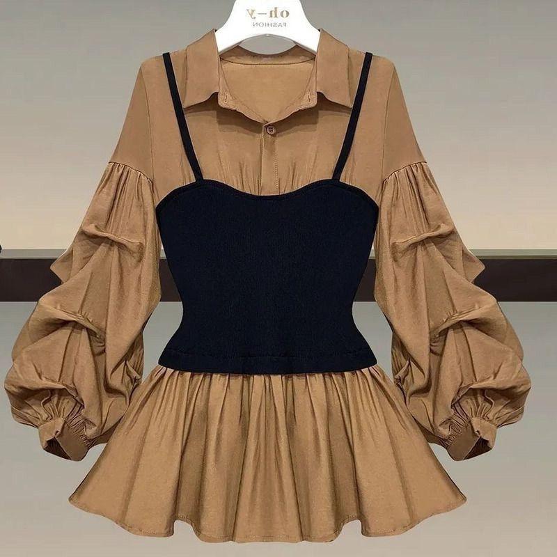 Plus Size Slimming Spliced Two-Piece Look Shirt for Women - Spring & Autumn