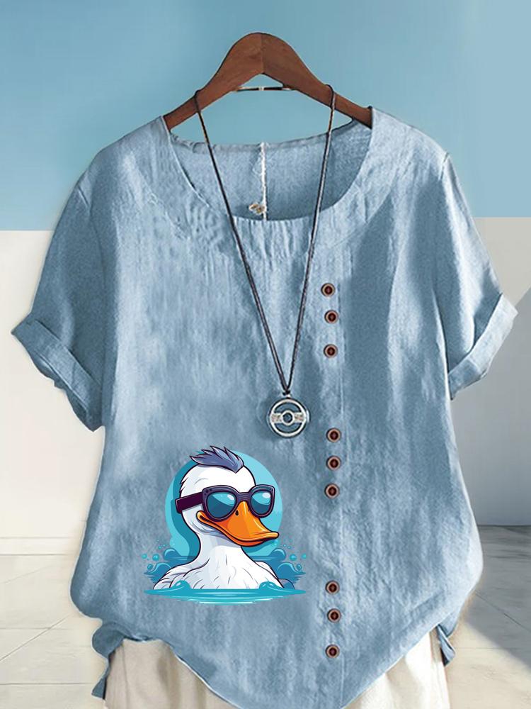 Women's Fashion Cool White Duck Print Casual Cotton Linen Short Sleeve Round Neck T-shirt Shirt Leisure Loose Summer Blouse Tops