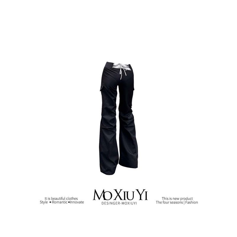 

Moxiuy [In Stock] Sweet Sniper Black Sexy Cargo Pants Female Summer Stylish Cross Lace-up Casual Pants Pants S