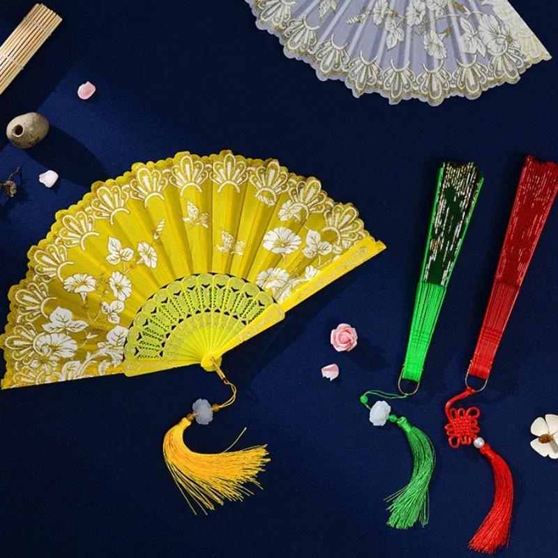1Pc Chinese Ancient Style Flower Women Folding Fan with Tassel Fringe Hanfu Cheongsam Dance Fan Photo Props Summer Handheld Fan