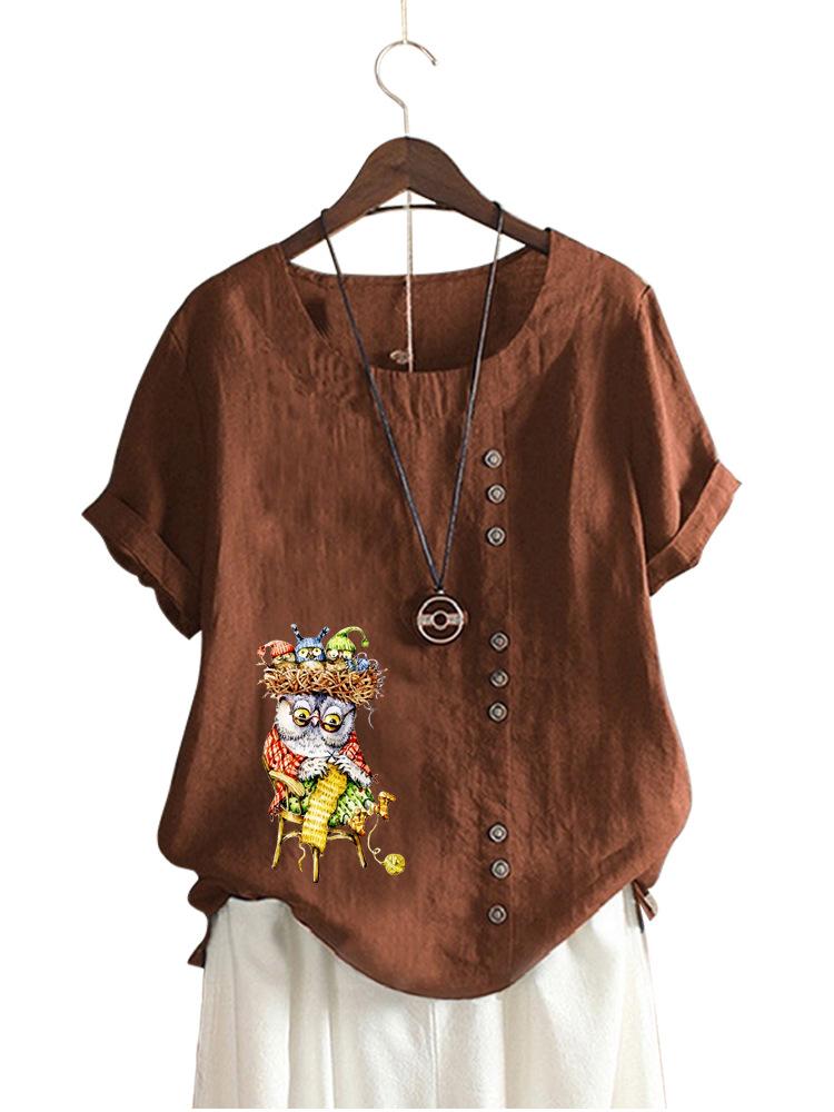 

Литературный ретро-принт Повседневная свободная хлопковая футболка Топы для женщин 5XL темно-коричневого