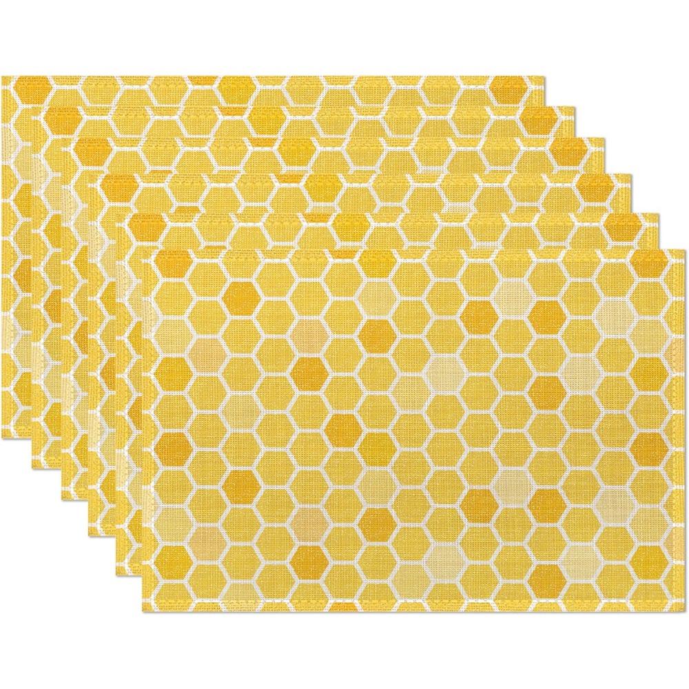 Honeycomb Bee Geometric Placemats Set Of 6,Waterproof Non-Slip Washable Table Mats Set For Kitchen Dining Holiday Party Wedding