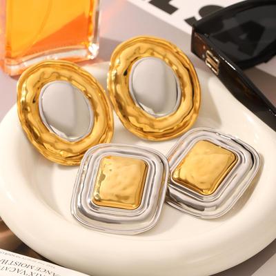 Stylish Geometric Stainless Steel Color Block Earrings - Versatile Ins Style Lightweight Luxury Studs for Women
