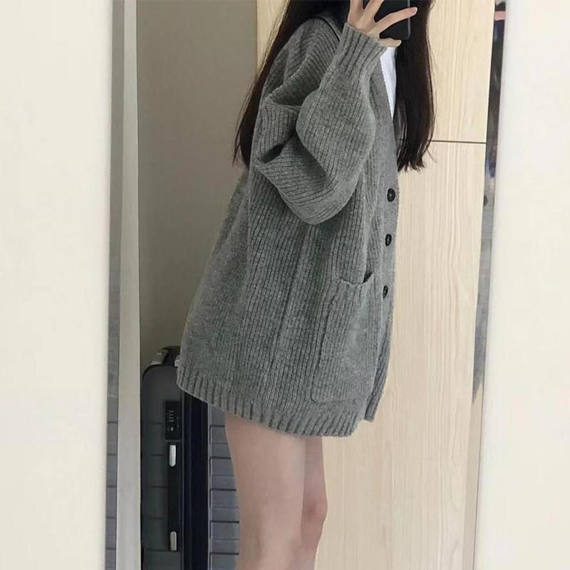 Damen-Pullover, mittellang, Strickjacke, V-Ausschnitt, lockere Strickjacke