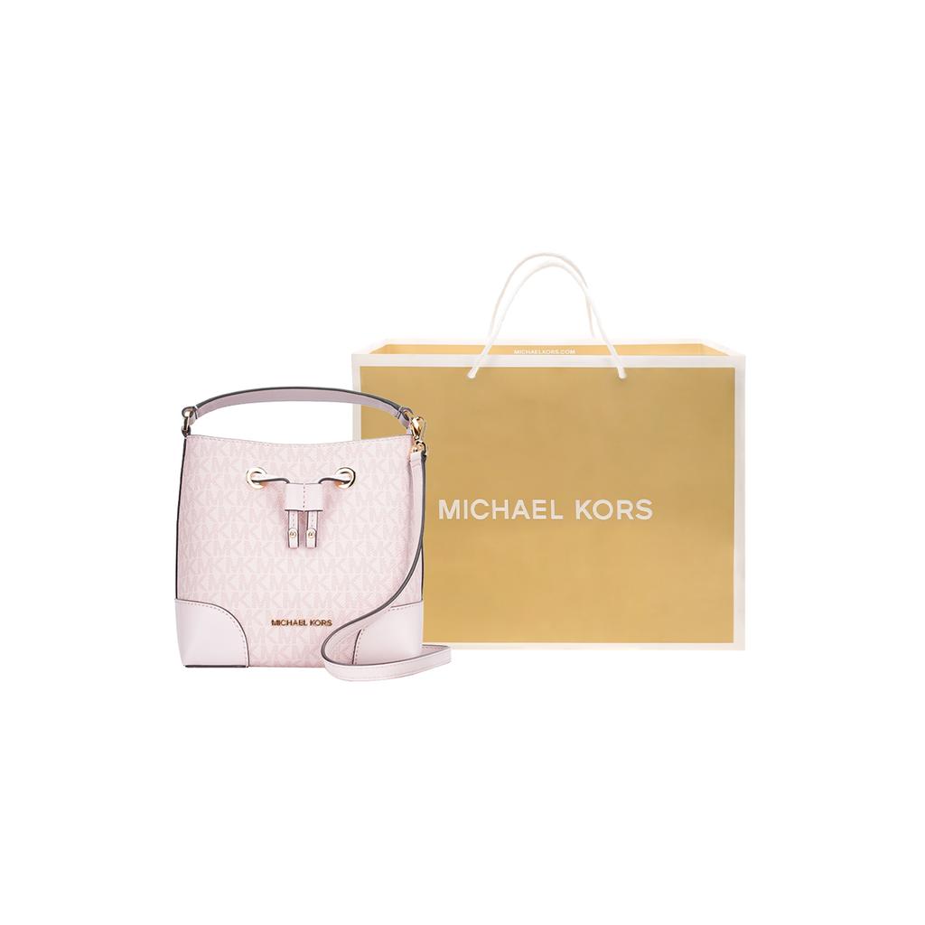 Michael Kors MK Mercer Printed Drawstring Coated Canvas And Leather Bucket Bag Women Bags Pink 35F2GM9M1B-DKPWDRBLSH
