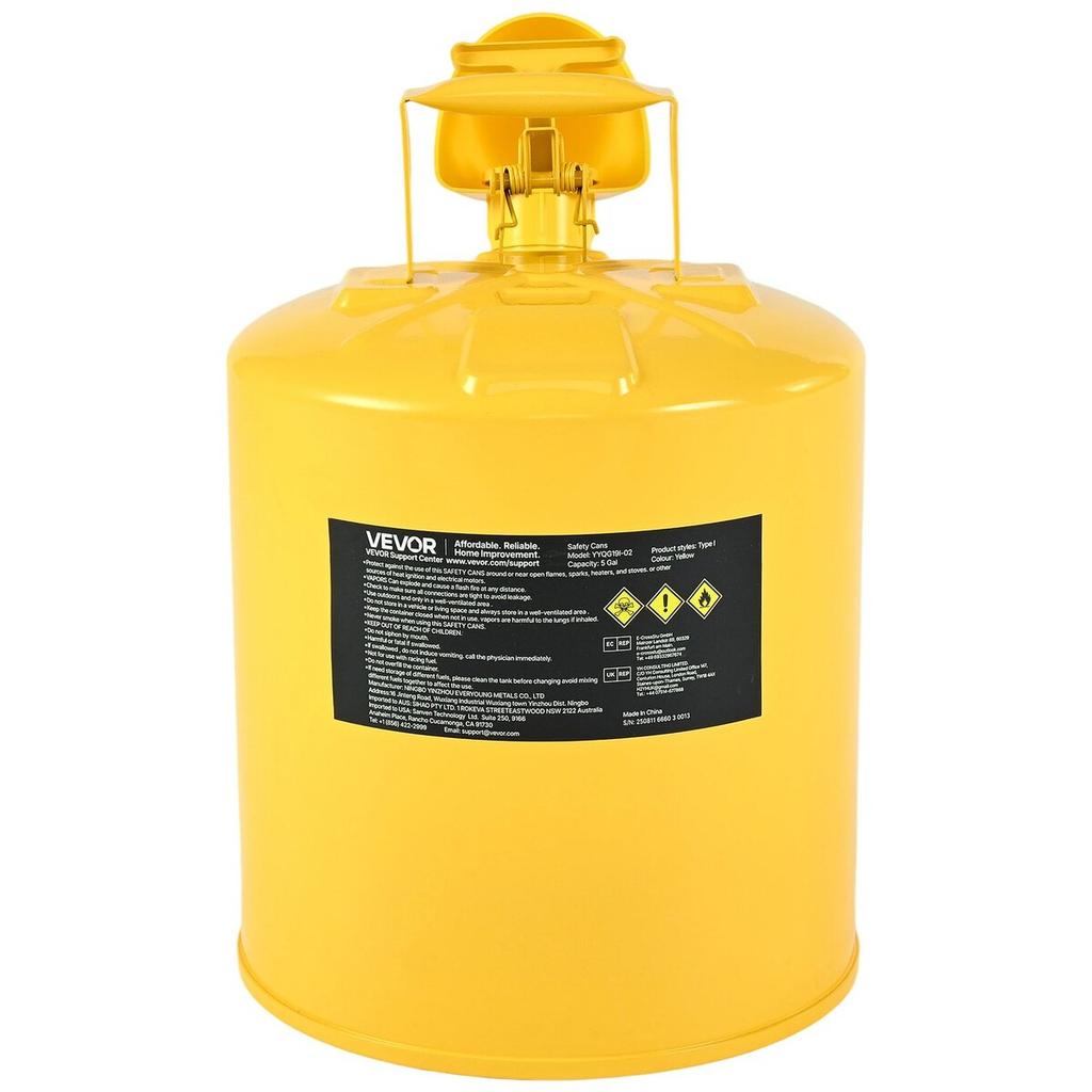 Safety Can, 19 L Type I Yellow Safety Can for Diesel with Stainless Steel Flame Arrester, Self-Closing Lid, and PE Funnel, Carbon Steel Flammable Fuel