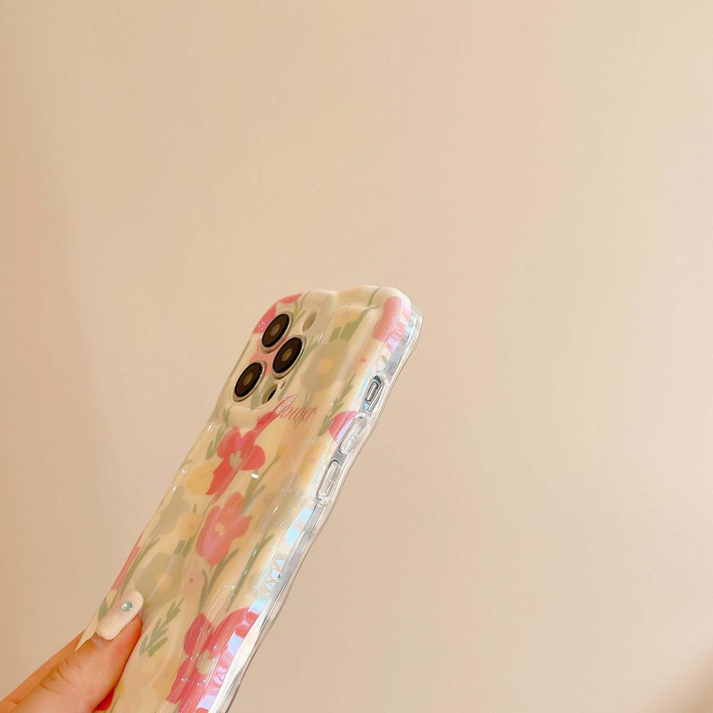 Imd Laser Red Flower 2023 New Wavy Cute Relif Phone Case For Iphone 13 14 Pro Max 11 12 Promax Back Cover Conque Capa