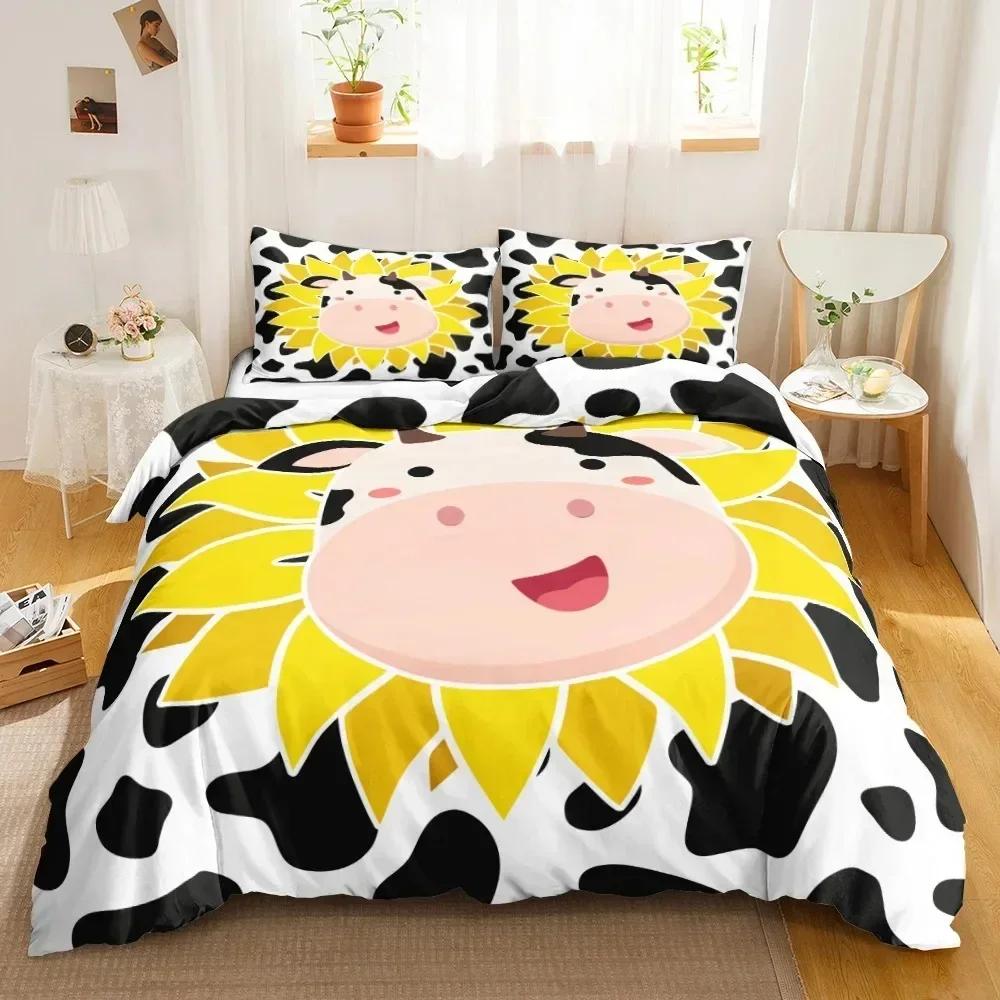 Niedlicher Kuhdruck Bettbezug Queen Kawaii Hochlandkuh Bettwäscheset Bettbezug Laken Bedruckter Kissenbezug Bett Voll Queen King Size
